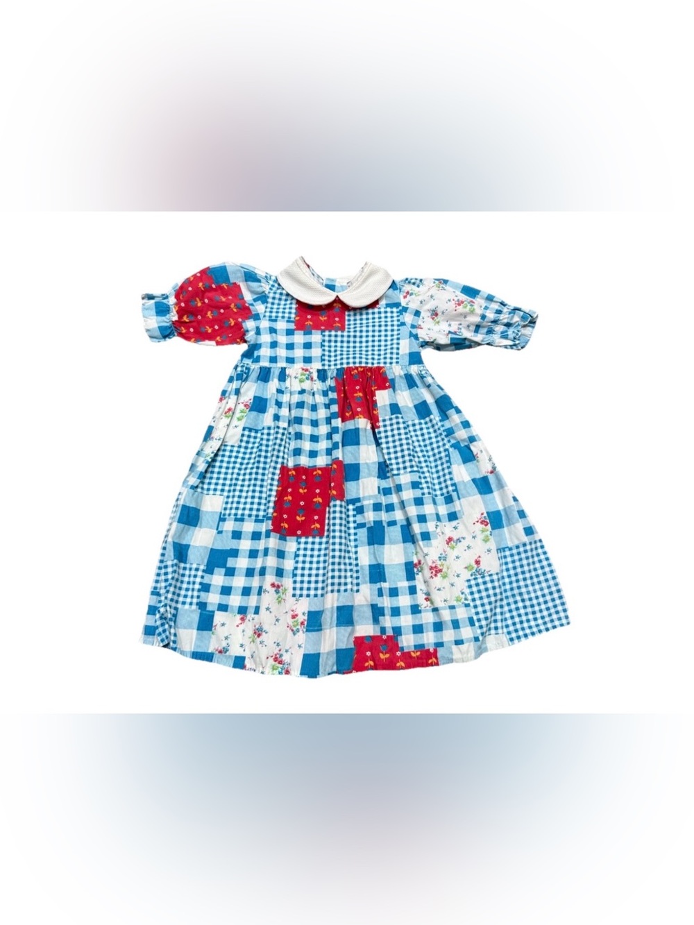 Vintage Girls Patchwork Gingham Dress Size 4T Blue Red Chocolate Soup